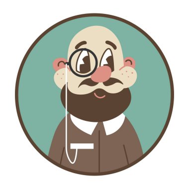 Büyük büyükbaba avatar ya da fotoğraf, takım elbiseli ve gözlüklü yalıtılmış bir erkek. Akrabası, dedesi ve dedesi olan bir aile ağacı simgesi. Düz biçim illüstrasyonunda insan kişiliği vektörü