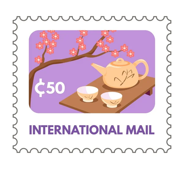 Postcard Postmark View Traditional Japanese Tea Ceremony Sakura Tree Cups — Stock Vector