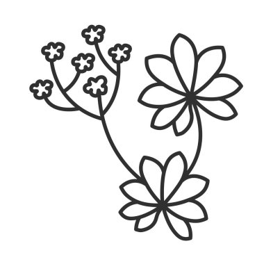 Çiçekleri, yaprakları ve sapları olan bir bitki. Çiçek dekorasyonu, yemek malzemelerinin minimalist tasarımı veya organik ürün dekoru. İzole edilmiş tek renkli taslak simgesi. Düz biçimli vektör