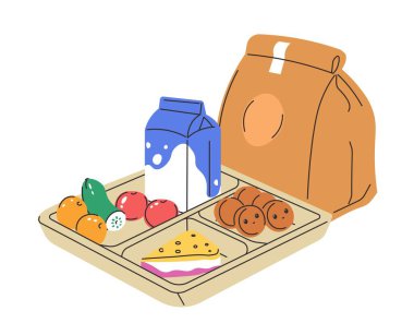 Meyve ve sebzeli beslenme çantası, süt ürünleri ve sağlıklı atıştırmalıklar. Yiyecek ve içecekle izole edilmiş kağıt poşet ve yemek kabı. Sağlıklı olmak için rasyonel ve dengeli beslenme. Düz biçimli vektör