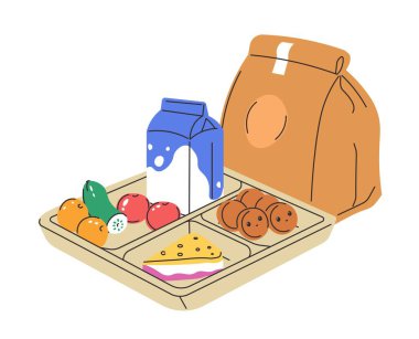 Lunch box with fruits and vegetables, dairy product and healthy snacks. Isolated paper bag and meal container with food and drink. Rational and balanced nutrition for wellness. Vector in flat style clipart