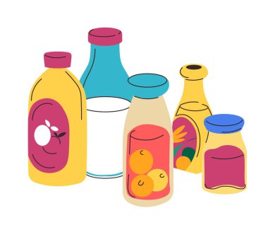 Organik ve doğal içecekler, sağlıklı içeceklerle izole edilmiş şişeler. Süt ve meyve likörü. Dengeli tüketim için yeme ve diyet, beslenme ve beslenme ürünleri. Düz biçimli vektör