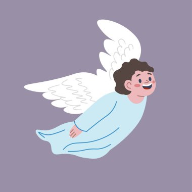 Gökyüzünde uçuşan tüylü kanatlı melek çocuk, gökyüzü kıyafeti giymiş neşeli kişi. Melek yüzlü ve gözlerinde muzip bir parıltı olan izole bir aşk tanrısı karakteri. Düz biçimli vektör