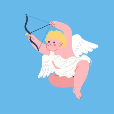 Melek tanrısı minyatür yayı yaylı okla tutuyor. Aşık olmak ve şefkat görmek. Sevgililer Günü bayramı kutlaması ya da kart dekorasyonu. İzole edilmiş melek çocuk karakteri. Düz biçimli vektör