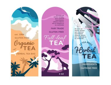 Organik yaprak bitkisel çayı, ekolojik temiz tarlalarda kimyasal gübreler olmadan yetiştirilir. Rafine edilmiş yapraklı içecek aroması. Paket için etiket ya da logot, promosyon afişi. Düz vektör