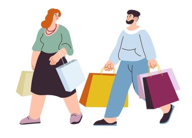 İnsanlar dükkanlardan ve dükkanlardan çantalarla yürüyorlar. Erkek ve kadın alışverişi, alışveriş merkezinden paketleri olan bir çift. Tatil için hediyeler ve ürünler, müşteriler için satışlar ve indirimler. Düz biçimli vektör