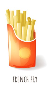 Yüksek miktarda karbonhidrat, yağ ve kalori ve patates kızartması. İnce kesilmiş altın patates dilimleri ile izole edilmiş karton paket, kızarana kadar kızartılmış. Popüler fast food. Düz biçimli vektör