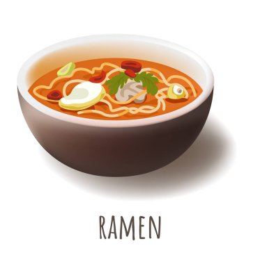 Etli ve soya soslu veya miso ile tatlandırılmış buğday eriştesinden oluşan Ramen popüler Japon yemeği. Dilimlenmiş domuz eti ve yeşil soğanlı Asya eriştesi çorbası. Düz biçimli vektör