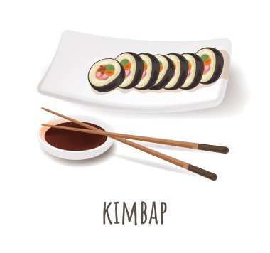Kore suşisi, kimbap yosunlu pirinç rulosu çeşitli dolgularla dolu. Batırmak için japon dilimleri, yemek çubukları ve soya sosuyla izole edilmiş bir tabak. Hızlı ve lezzetli atıştırmalıklar. Düz biçimli vektör