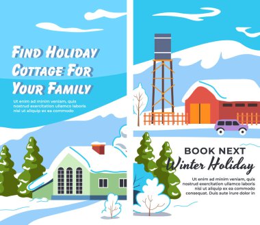 Kitap yuvası kış tatili, ailen için bir kulübe bul. Tatilde dinlenmek için ev ya da konut, hafta sonları için mevsimlik konaklama. Web sitesi iniş sayfası, internet sitesi şablonu. Düz vektör