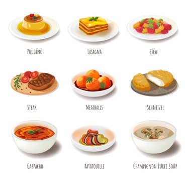 Avrupa mutfağı yemekleri, restoranlar ve mataralar için menü. Puding ve lazanya, yahni ve biftek, köfte ve şnitzel, gazpacho ve ratatouille, şampiyon püre çorbası. Düz biçimli vektör