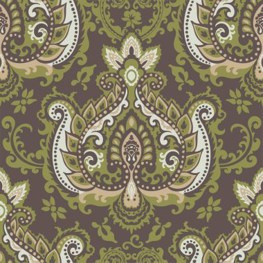 Yaprak ve bitkilerle süslü desenli çiçek süsü. Büyüme ve dallanma, bitki dekoru ve kumaş ve doku motifi. Kusursuz desen, duvar kağıdı ya da arka plan izi. Düz biçimli vektör