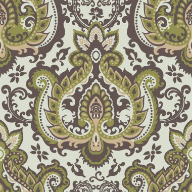 Çiçek desenli, damaske teknikli. Tekstil için desenli motif ve çiçekler, tomurcuklar ve dallarla süsleme. Kusursuz iz, duvar kâğıdı arkaplan. Düz biçimli vektör