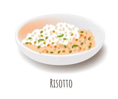Kesilmiş taze bezelye kabukları ve havuçlu, pancetta aromalı risotto. Kremalı ve aromalı İtalyan yemeği. Dengeli beslenme ve günlük beslenmenin bir parçası. Düz biçimli vektör