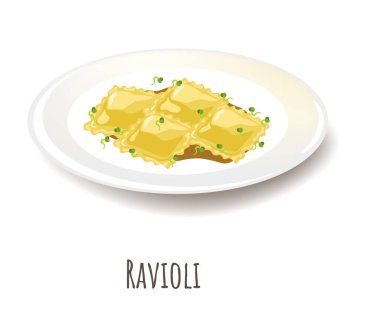 Haşlanmış mantı, ravioli ve filizlenmiş tahıl. Sebze ya da etle doldurulmuş pişmiş hamur parçalarıyla izole edilmiş tabak. Restoranda ya da lokantada lezzetli besleyici yemekler. Düz biçimli vektör