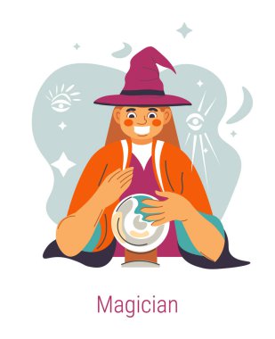 Magician Jungian archetype, isolated female character witch or wizard with magic ball. Psychology and traits of personality, self discovery and improvement of individuality. Vector in flat style