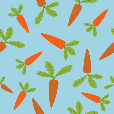 Organic harvested veggies, vegetables for cooking and healthy dieting. Carrots with leaves, tasty nutritious meal and snacks. Seamless pattern, wallpaper print or background. Vector in flat style