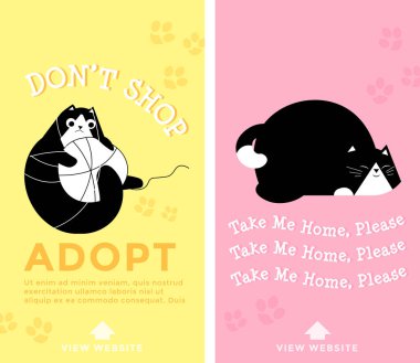 Adopt cat from adoption pet centre, do not shop and get whiskered friend from street. Cute kittens playing, playful felines with yarn and paw prints. Advertisement banner. Vector in flat style