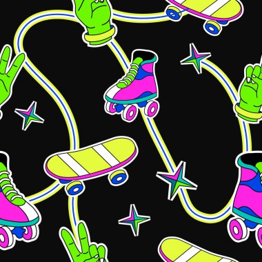 Skateboard and rollers shoes for skating, sparkling star decoration and thread uniting objects. Modern bright composition. Seamless pattern, wallpaper print or background. Vector in flat style