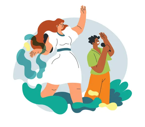 Self expression by art, isolated people dancing and singing. Singer and dancer man and woman on concert. Show business, entertainers or creative personages with microphone. Vector in flat styles