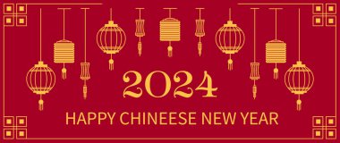 Japon esinlenilmiş 2024 Çin Yeni Yılı Afişi Kırmızı ve Ejderha Yılı için Altın Kutlama Kartı Şablonu. Zarif Minimalist Vektör İllüstrasyon Arkaplanı.