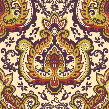 Paisley çiçekleri ve yaprakları dalları ve dalları olan yapraklar ve bitkiler. Sarma, süsleme, botanik ve doğa öğeleri. Kusursuz desen, duvar kağıdı ya da baskı arkaplanı. Düz biçimli vektör