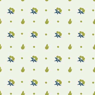 Çiçekler, noktalar ve sıra sıra yapraklar. Bitkilerle ve antika elementlerle retro dekorasyon ya da süsleme. Kusursuz desen, duvar kağıdı ya da baskı arkaplanı. Düz biçimli vektör