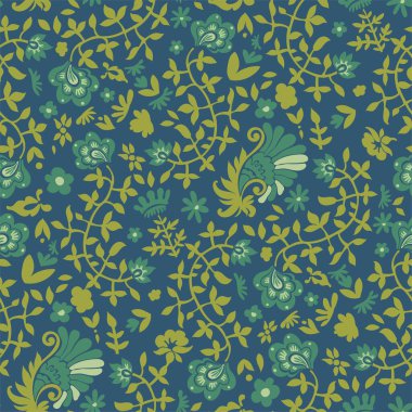 Çiçek açan çiçekler, yaprakların kıvrımları ve bitki dalları. Egzotik süs tasarımı, soyut ambalajlar için dekorasyon. Kusursuz desen, duvar kağıdı ya da baskı arkaplanı. Düz biçimli vektör