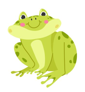 Derisinden nefes alan su yaratığı. Gülümseyen yüz ifadesi ve pembe yanakları olan yalnız bir kurbağa karakteri. Kuyruksuz amfibi, uzun bacaklı otlak portresi. Düz biçimli vektör