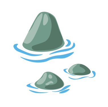 Sudaki taşlar. Doğal ya da yapay olarak oluşturulmuş rezervuarın dekoratif unsurları. Sakinleştirici atmosfer. Etrafı dalgalarla çevrili ıssız kayalar. Su ortamlarının estetik cazibesi. Düz biçimli vektör