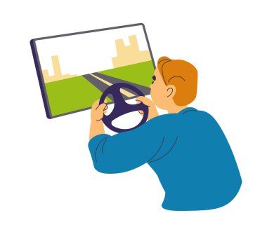 Araba sürme oyunu. Geniş ekran oyun monitörü ve sanal kontrol için direksiyonla oynayan adam. Oyundan, eğlenceden ve eğlenceden zevk ve tatmindir. Düz biçimli vektör