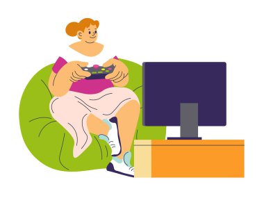 Evde video oyunu oynayan kadın karakter. Rahat bir sandalyede oturan, elinde joystick tutan ve ekrana bakan yalnız bir kadın. Gençlerin boş ve hafta sonu aktiviteleri. Düz biçimli vektör