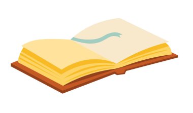 Boş sayfalar ve yer imleriyle dolu eski açık bir kitap. Yayınları ve ansiklopedileri okuyorum. Eğitim ve eğitim süreci. Yemek tarifleri, günlük, kişisel günlükler. Düz biçimli vektör