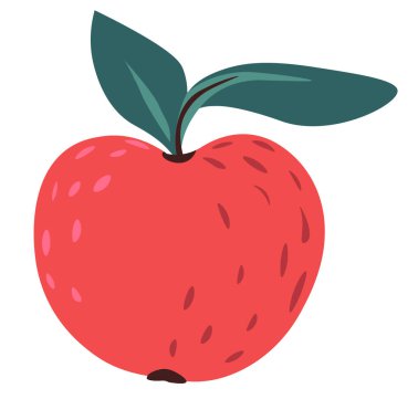 Yapraklı olgun ve sulu kırmızı elma meyveleri. Organik ve lezzetli, çiftlikten besleyici sağlıklı yiyecekler. Vejetaryenler, vejetaryenler ve gurmeler için yaz vitamini diyeti meyvesi. Düz biçimli vektör