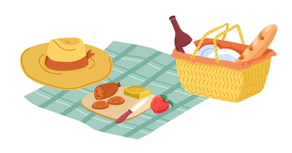 Dinner in nature. Collection of elements for outdoor recreation. Picnic blanket with stuff. Hat, sliced salami, cheese and apple. Wicker basket with baguette, wine and plates. Vector in flat style