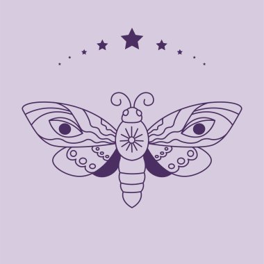 Gözleri kanatlı Lepidoptera. Dünyevi yaratıklar ve göksel harikalar arasındaki mistik bağlantı. Gizemli uçan kelebek, güneş ve yıldızlı sanat eseri. Düz biçimli vektör