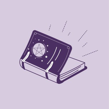 Kapağında beş köşeli yıldız olan büyü kitabı. Büyücülük, okültizm ve kara büyü. Cadı ya da büyücünün sembolü. Cadılar Bayramı elementi. Eski bilgelik ve büyülü sözler. Düz biçimli vektör