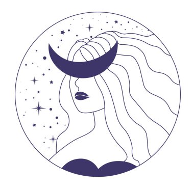 Minimalist bohem kadın portresi. Hilal ay ve gökyüzünde yıldızlar. Takımyıldızları, gök cisimleri, cadılığı ve mistik astrolojisi olan izole bir kadın. Düz biçimli vektör