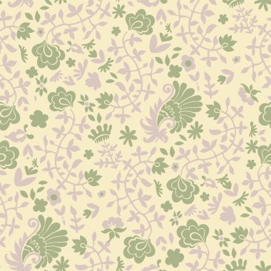 Çiçek açıyor, çiçek açıyor ve yapraklar birleşiyor. Ev dekorasyonu ve tekstil dokusunda çeşitli nesneler için çiçek motifi. Kusursuz patten, arka plan baskısı ya da duvar kağıdı. Düz biçimli vektör