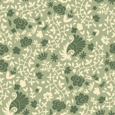 Yapraklı ve dallı çiçek kompozisyonu, dallı ve yapraklı retro tasarım, tekstil ve kumaş için botanik süslemeleri. Kusursuz patten, arka plan baskısı ya da duvar kağıdı. Düz biçimli vektör