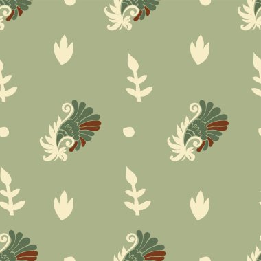 Çiçekler ve yapraklar kompozisyonu, eski yapraklar ve dallı dallar. Tekstil ve kumaş için geçmişe dönük tasarım, süs motifi. Kusursuz iz, arka plan duvar kağıdı. Düz biçimli vektör