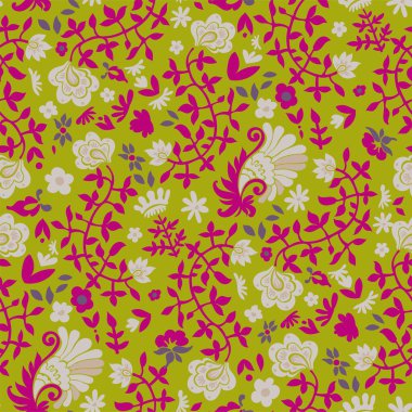 Yapraklı ve yapraklı çiçekler, dallı ve dallı çiçek süslemeleri. Flora Botanik ile yaprak süsleme tasarımı. Kusursuz iz, arka plan duvar kağıdı. Düz biçimli vektör