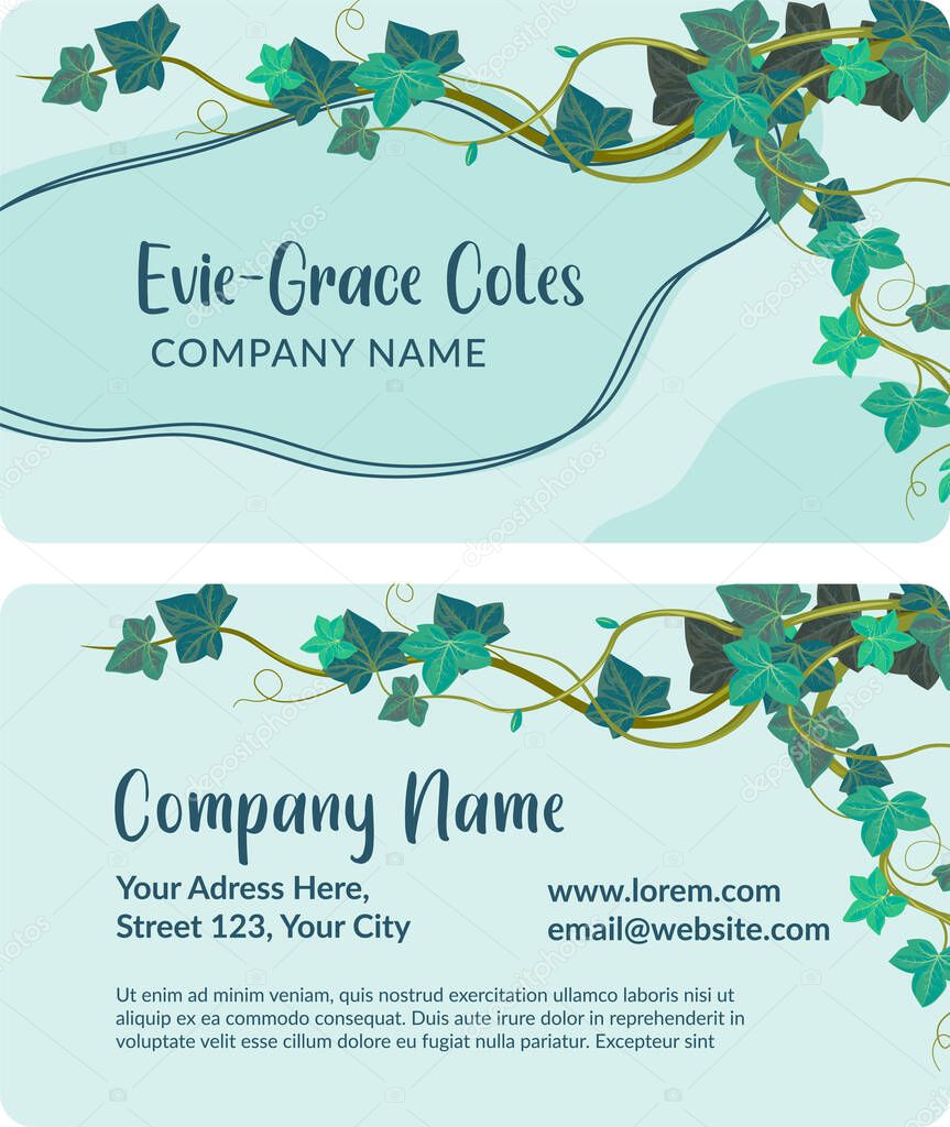 Company name and information, organization or services offer. Address and website with email. Business card template with leaves on stem. Visiting card or advertising of services. Vector in flat style