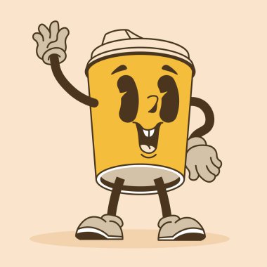 Elleri ve bacakları olan çizgi film karakteri. Yüzünde tebessüm ifadesi ve olumlu ruh hali olan bir çıkartma. Kapaklı karton bardak şeklinde kişisel. Sosyal medya için duygu ya da ifade. Düz vektör