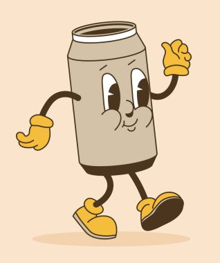 Büyük gözlü ve yüzünde gülümsemeyle içkiler için teneke kutu şeklinde neşeli bir karakter. Elleri ve bacakları yürüyen bir maskot. İçecek emojisi, simge, çıkartma ya da çizgi film karakteri. Düz biçimli vektör