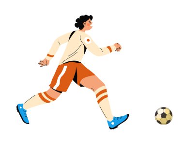 Vurucu pas vermek ya da gol atmak için topa odaklanıyor. Tişört, şort, çorap ve koşu botlarıyla üniforma giyen bir adam. Ayrı bir futbolcu ya da forvet oyuncusu. Düz biçimli vektör