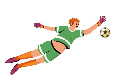 Üniforma ve eldiven giyen futbolcu. Topu yakalamaya çalışan ıssız bir kaleci. Son savunma hattının futbolcusu golleri önlemek için hızlı refleksleri var. Kaleci iş başında. Düz biçimli vektör