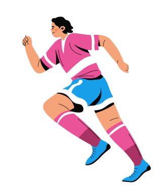 Spor üniforması içinde koşan erkek çizgi film karakteri. Futbolcu sahada iş başında. Jersey 'de maç, şampiyonluk ya da turnuvada oynayan izole bir futbolcu. Düz biçimli vektör