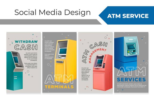 Network story design set for atm machine service. Withdrawcash service advertising at social media collection, vector illustration. Web page promo with minimal line decoration