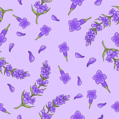 Çiçek yaprakları ve lavanta çiçekli dallar. Zarif ve zarif tasarımla süslü ve süslü bir dekorasyon. Duvar kağıdı ya da arkaplan izi, kusursuz desen. Düz biçim illüstrasyonunda vektör